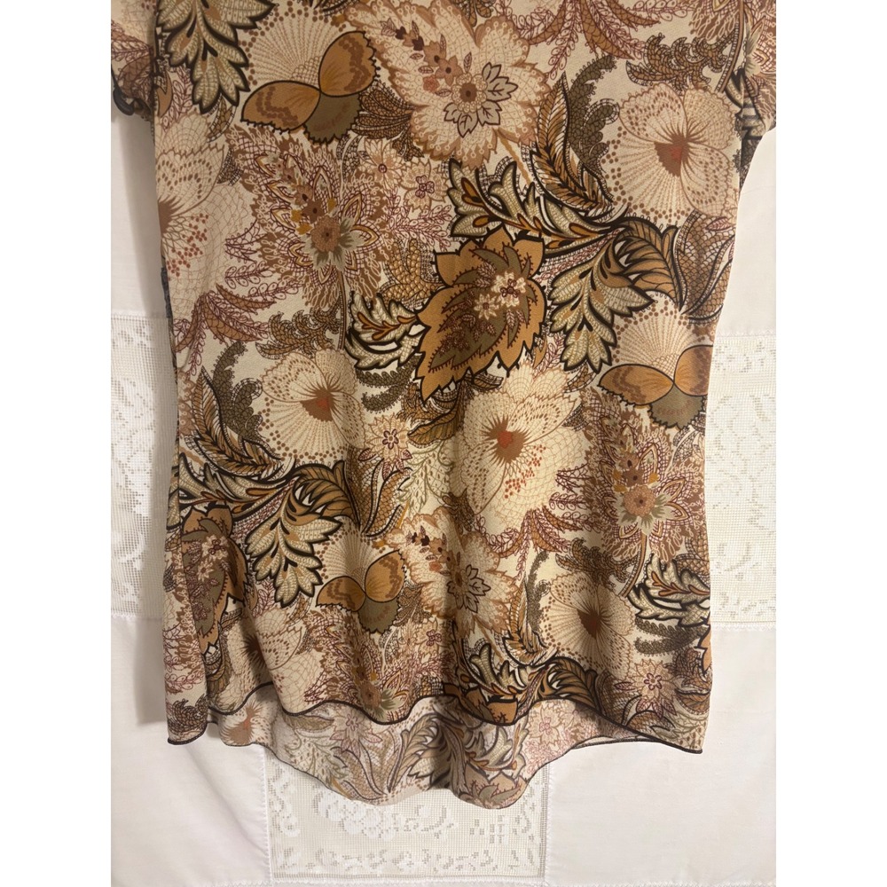 Early 2000's Brown Floral Lace Trim Faux Wrap Babydoll Blouse Size L-XL - Picture 11 of 11